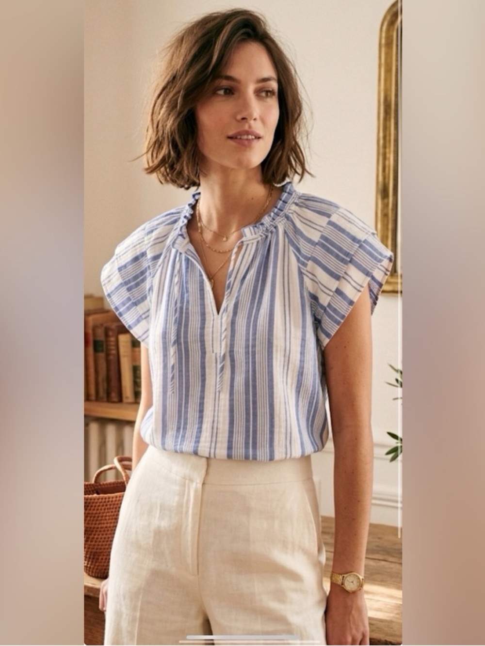 Blue and White Striped Short Sleeve Blouse